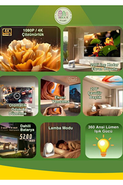 BEKAZE Taşınabilir 4K Sinema Projektörü | Şarjlı, Bluetooth, Android, Akıllı Hoparlörlü, Işıklı