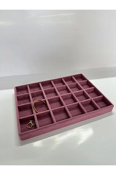 MeGass Dekor Domestic Production Suede Fabric Burgundy Color 34 Cm / 24 Cm 24 Compartment Drawer Inside Jewelry Stand