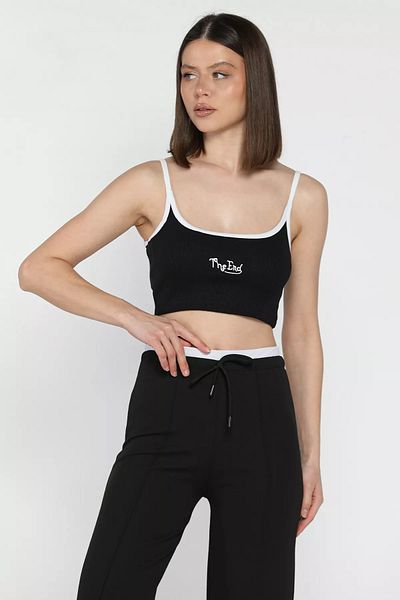 GÜLSELİ Ασπρόμαυρη μπλούζα με κέντημα Crop Top Camisole με λουράκι (Συμβατό με s-m-l)