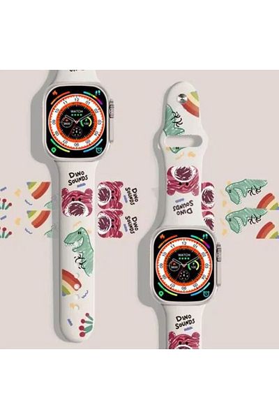 REDz Accessories Curea cu dinozauri, pentru Apple Watch, imprimeu cu desene animate, reglabilă, silicon, albă - 38/40/41 mm