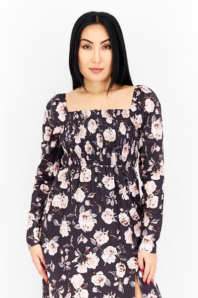 NA-KD Women Flower Pattern Long Sleeve Midi Dress, Navy Blue
