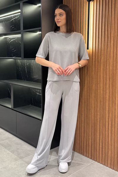 GÜLSELİ Gray Women's Embroidered Grass T-Shirt Pants Double Set