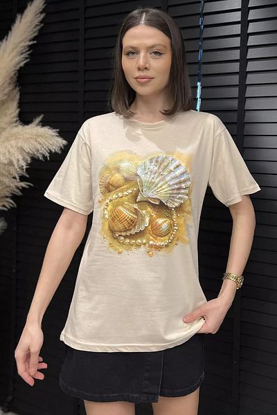 GÜLSELİ Γυναικείο T-Shirt με μπεζ εμπριμέ πέτρα με λεπτομέρειες