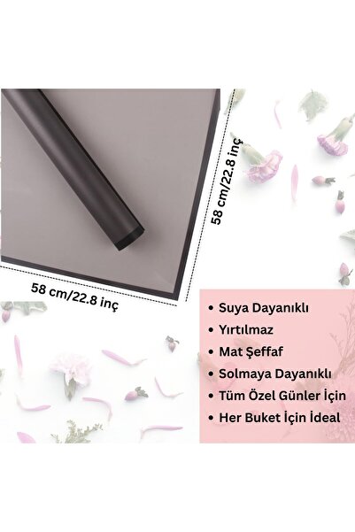 roco paper Siyah Kenarlı Siyah Çiçek Ambalaj Kağıdı 5li, Su Geçirmez Mat Şeffaf Buket Sargı Kağıdı, 58x58 Cm