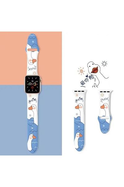 REDz Accessories Curea Duck, pentru Apple Watch, imprimeu de desene animate, reglabilă, silicon, albă - 44/45/46/49 mm, medie