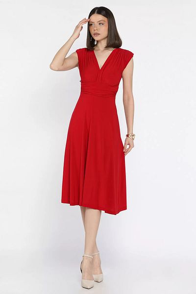 GÜLSELİ Red Women's V-Neck Shoulder Padded Pleated Kilos Dress