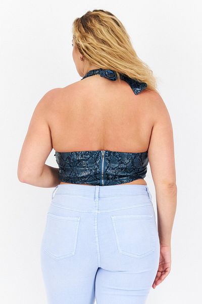 Missguided Women Halter Neck Sleeveless Animal Print Top, Teal Blue
