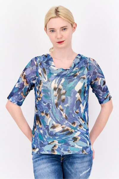 CYRUS Women Cowl Neck Elbow Sleeves Mesh Blouse, Multicolor