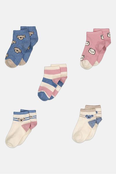 Bebe Kids Girl 5 Pairs Graphic Printed Quarter Socks, Multicolor