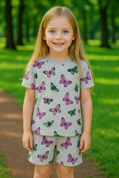 Yalçınoğlu Kids Girl's Suit I Summer Suit Colorful Printed Cotton T-Shirt & Shorts Suit I Comfortable Summer Suit