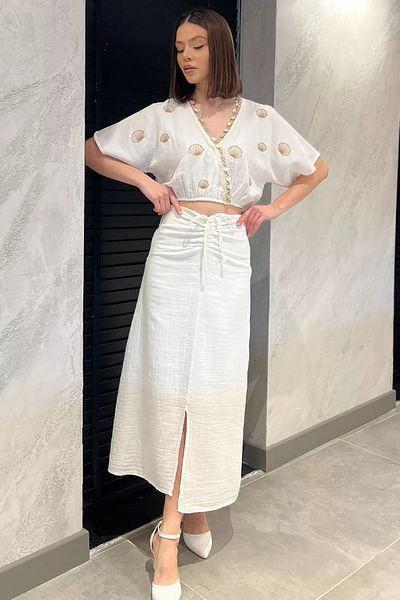 GÜLSELİ White Women's Embroidered Stone Linen Blouse Skirt Double Set