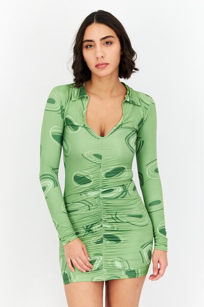 Public Desire Women Allover Print Long Sleeves Mini Dress , Green