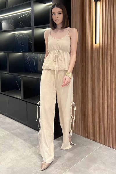 GÜLSELİ Light Beige Rope Strap Waist Elastic Blouse Trousers Double Set