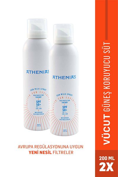Athenias Sun Milk Spray Spf50+ All Skin Types Uva Uvb High Protection Sun Cream 200 Mlx 2 Pcs