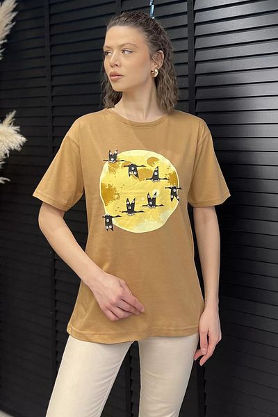 GÜLSELİ Γυναικείο T-Shirt με κεντημένο στάμπα μπισκότο Crew Neck Stone