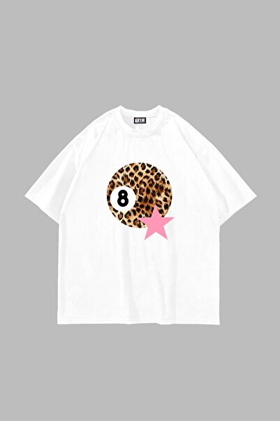 Tarzsokak Leopard Biliard Ball Printed Oversize Unisex Alb