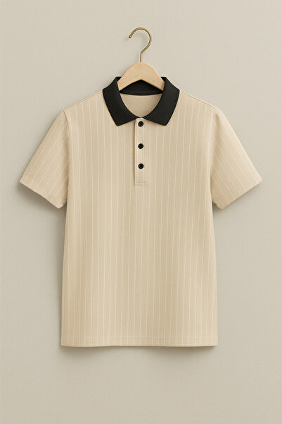 FATELLA Tricou confortabil pentru bărbați, bej, cu guler polo, cu model în du...