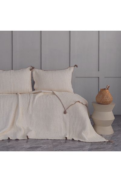 Dantela Drina Double Tasseled Bedspread & Pike Set - Beige