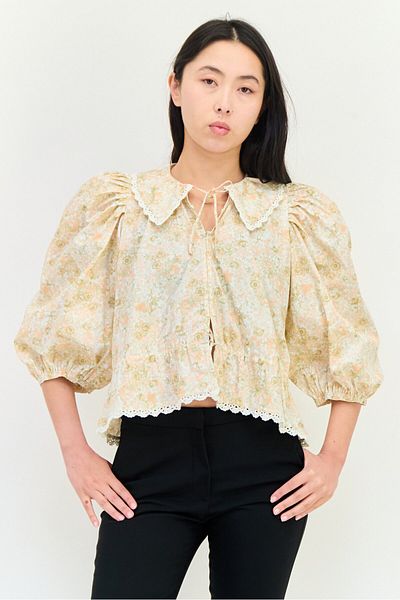 Maje Women Tie Neck 3/4 Sleeves Allover Print Blouse, Floral