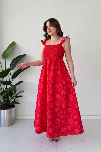 MaziButik Gimped Maxi Floral Dress Red
