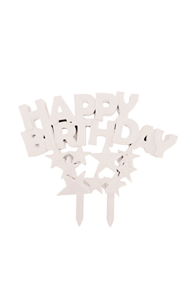 OEM Decoratiune topper tort "HAPPY BIRTHDAY", model cu stele, alb ivory 10x11 cm