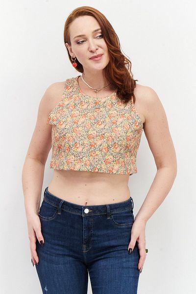 Eddie Bauer Women Scoop Neck Sleeveless Floral Crop Top, Beige Combo