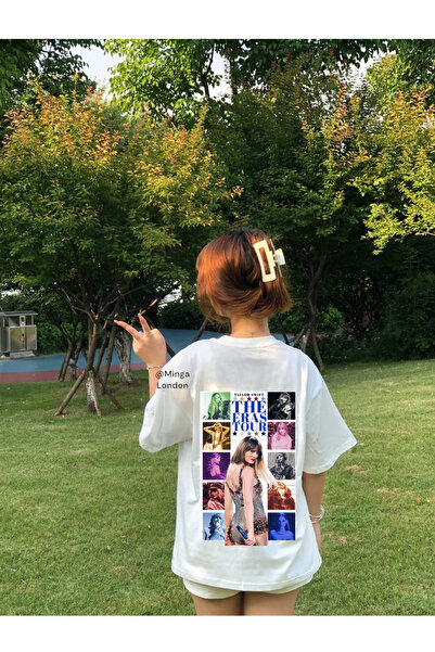 Minga London Tricou alb unisex supradimensionat cu imprimeu pe spate Taylor S...