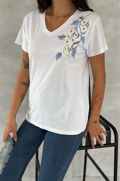 FEMELLE Tricou alb pentru femei, cu decolteu în V, cu umăr, cu paiete, paiete și broderie, brodat, 100% bumbac