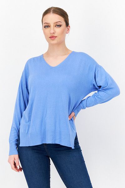 French Connection Women V Neck Long Sleeve Plain Sweater, Blue