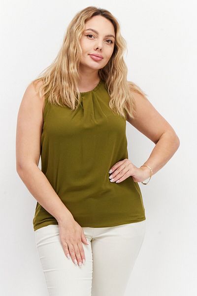 ZERO Women Round Neck Sleeveless Plain Blouse, Dark Olive