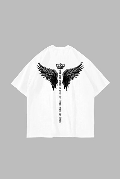 Tarzsokak Coroană cu aripi imprimată oversize unisex alb