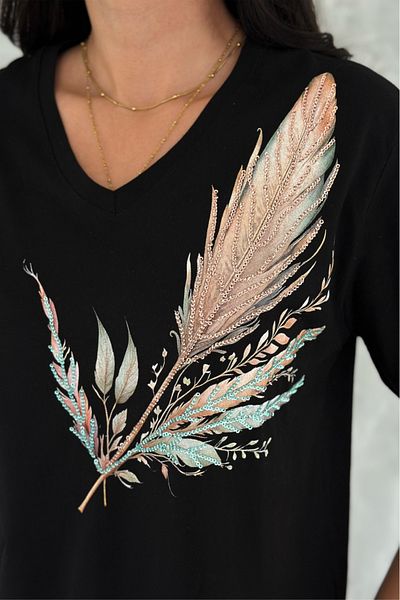 FEMELLE Women's Black V-Neck Plus Size Leaf Pattern Sequin Sequin Embroidered 100% Cotton Plus Size T-Shirt