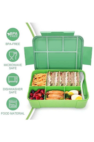 COOYA Large Children's Lunch Box, 1300 Ml, With 5 Compartments and Cutlery, Safe, 23x17x4.8 Cm, Green
