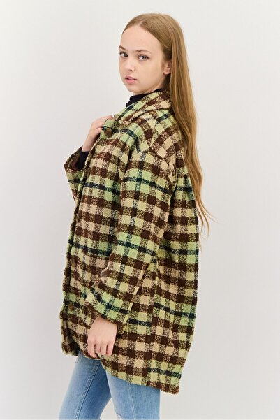 Monki Women Checkered Trench Coat, Sage Green