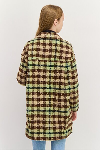 Monki Women Checkered Trench Coat, Sage Green