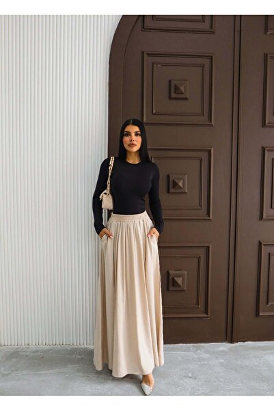 Hatun Atila Modal Kumaş Beli Lastikli Cepli Etek 8821 Bej