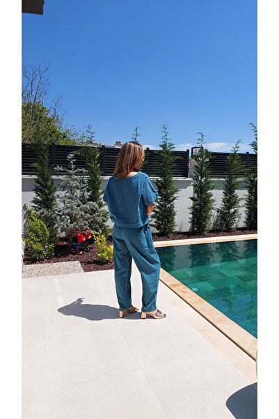 LaraLisa Collection Short Sleeve Crop Blouse Pencil Pants Linen Women's Suit