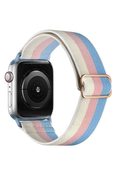 REDz Accessories Curea elastică din nailon, pentru Apple Watch, reglabilă, dungi albe/roz/albastre - 44/45/46/49 mm