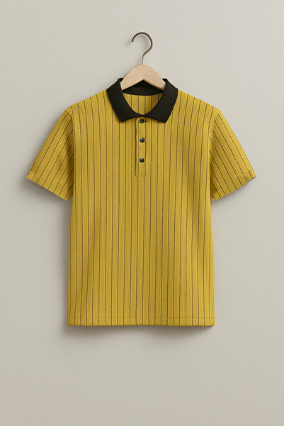 FATELLA Мъжка жълта поло блуза с вертикални ивици, закопчаващ се яка, удобна ...