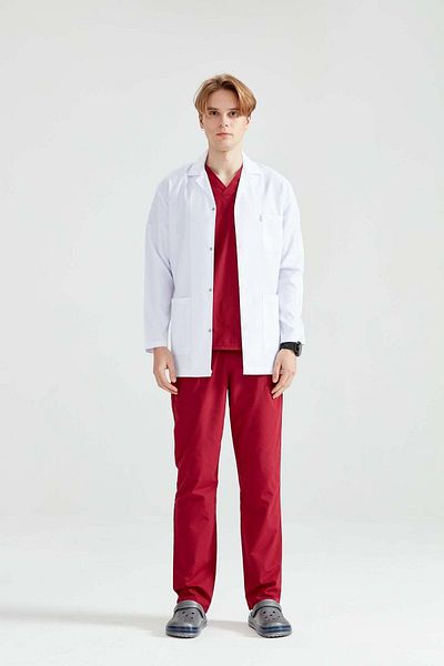 DEMOTEKS Men's White Short Medical Lab Coat Uniform - With Three Pockets, Long Sleeves, Lapel Collar