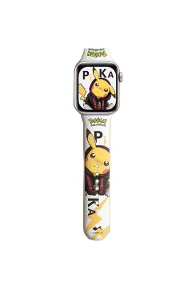 REDz Accessories Curea Pikachu, Apple Watch, Imprimeu cu desene animate Pokemon, Reglabilă, Silicon, Alb - 38/40/41 mm, Medie