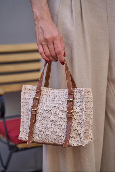 Madamra Cream Tan Women's Straw Detailed Buckle Hand and Shoulder Bag