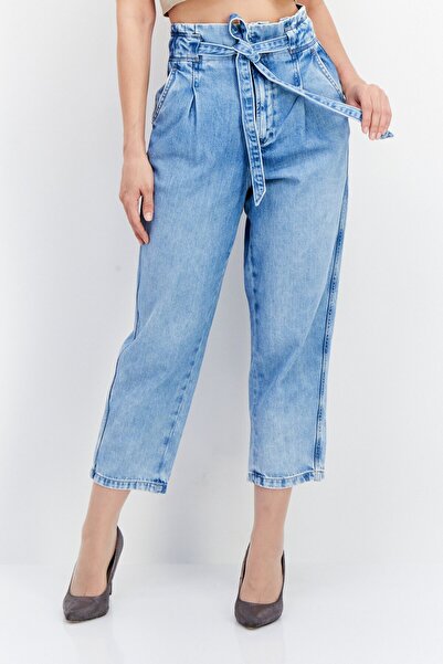 Pepe Jeans Women Regular Fit Belted Washed Denim Jeans, Blue