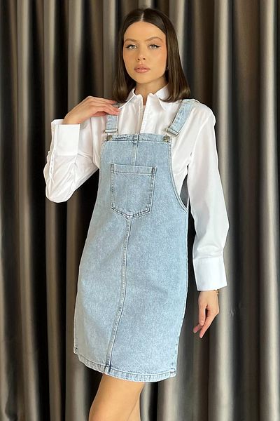 GÜLSELİ Rochie Salopet de damă Ice Blue cu buzunar frontal detaliat din denim