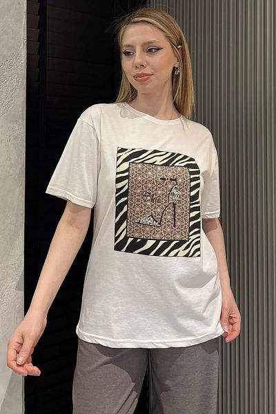 GÜLSELİ Γυναικείο T-Shirt Cream Crew Neck με Λεπτομέρεια από πέτρα