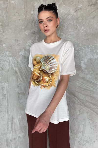 GÜLSELİ Γυναικείο T-shirt με κρεμ εμπριμέ πέτρα με λεπτομέρειες