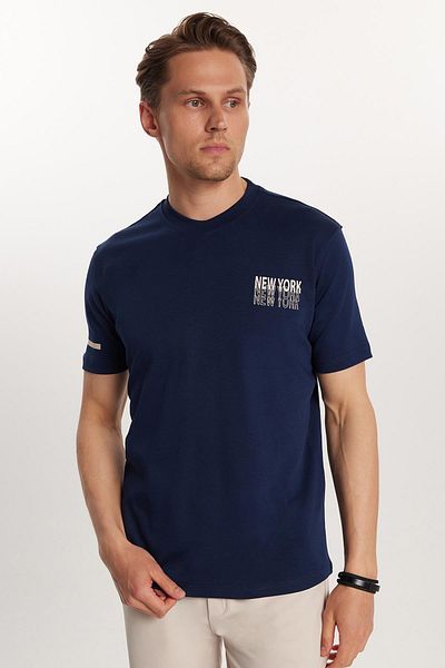 Tudors Men's Slim Fit Slim Fit Cotton Plain Basic Printed Crew Neck Navy Blue T-Shirt