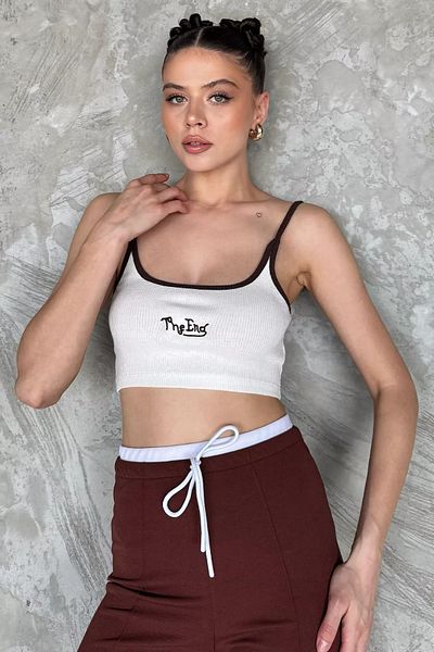 GÜLSELİ Κρεμκαφέ Κεντητό Crop Top Μπλούζα Καμισόλα με Κρεμαστό Σχοινί (Συμβατό με s-m-l)