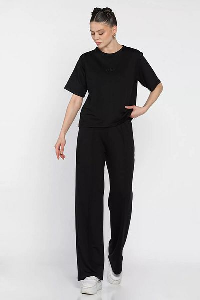 GÜLSELİ Black Women's Embroidered Grass T-Shirt Pants Double Set