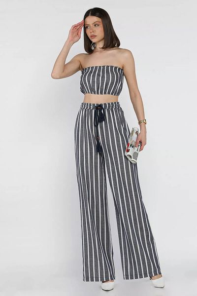 GÜLSELİ Navy Blue Women's Stripe Patterned Strapless Crop Top Blouse Palazzo Trousers Set of Two